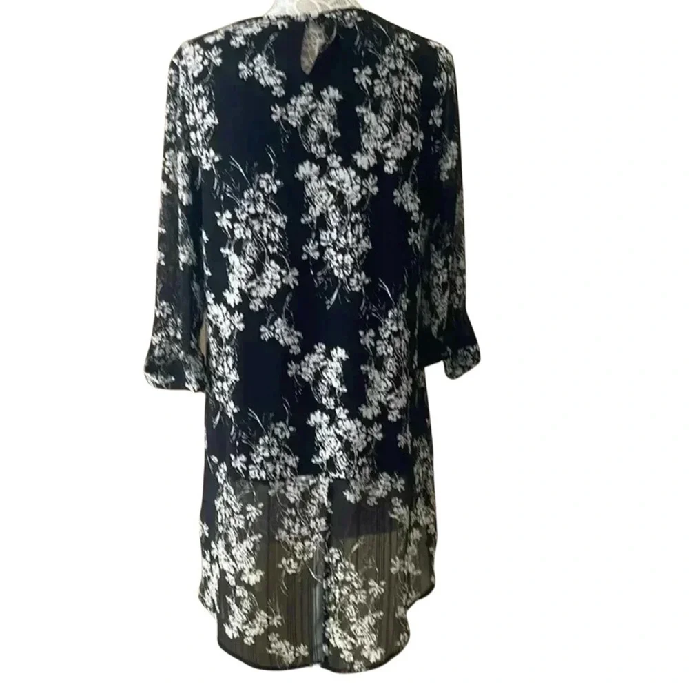 Black White Floral Sheer Blouse Tunic Top 3/4 Sleeve High Low Hem